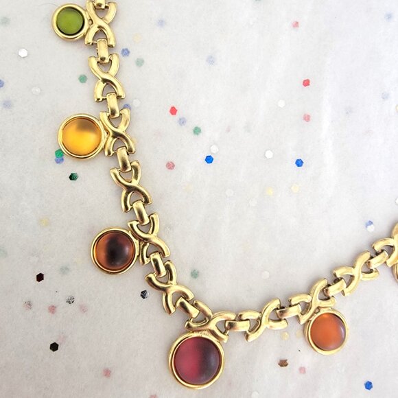 GLOWING GLASS CABOCHON GOLD TONE NECKLACE MULTICOLOR NEW - Picture 4 of 7